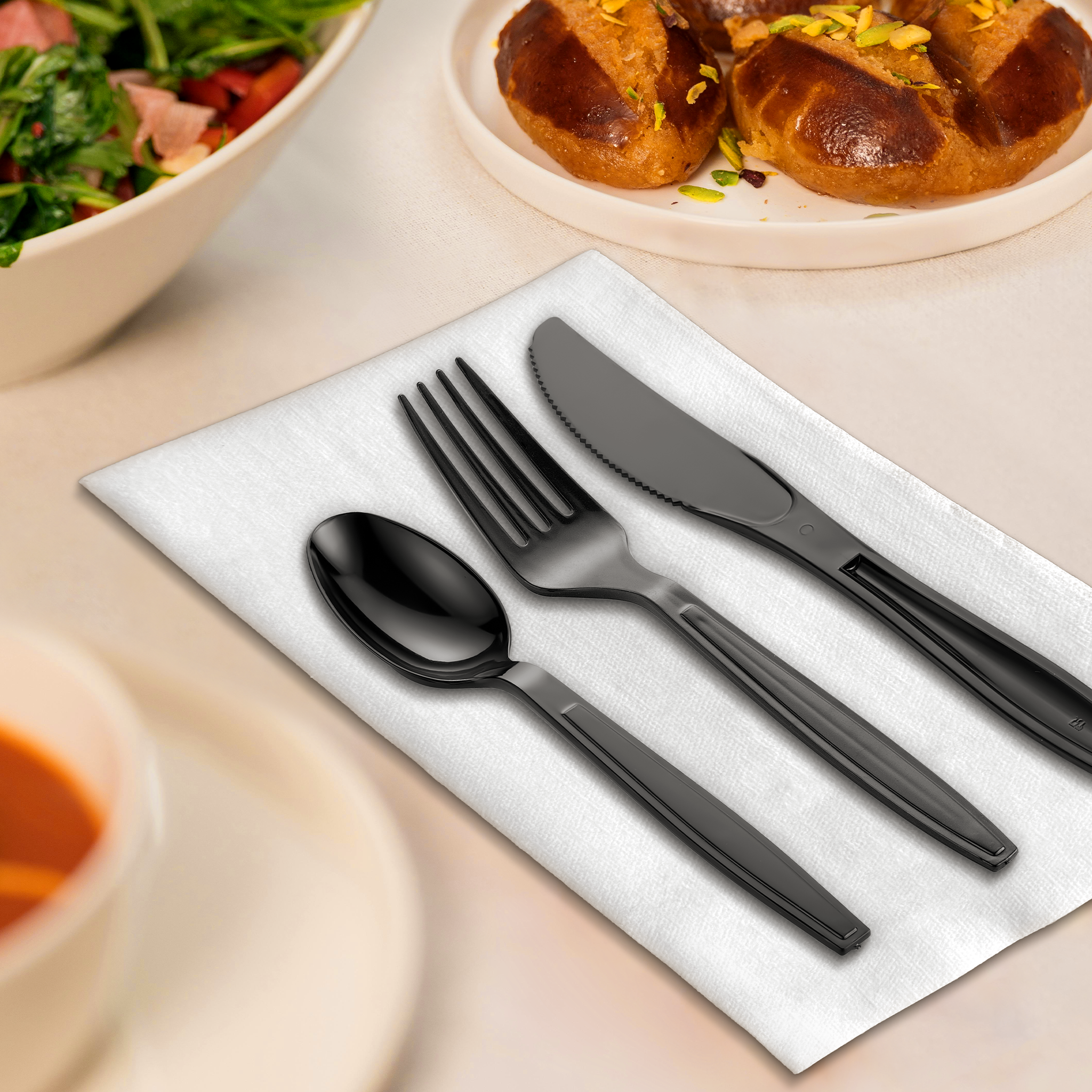 [100ct] 17.5" × 15.5" Pre-Rolled Linen-Feel Napkin and  Heavy Weight PS Plastic Cutlery Set | Black