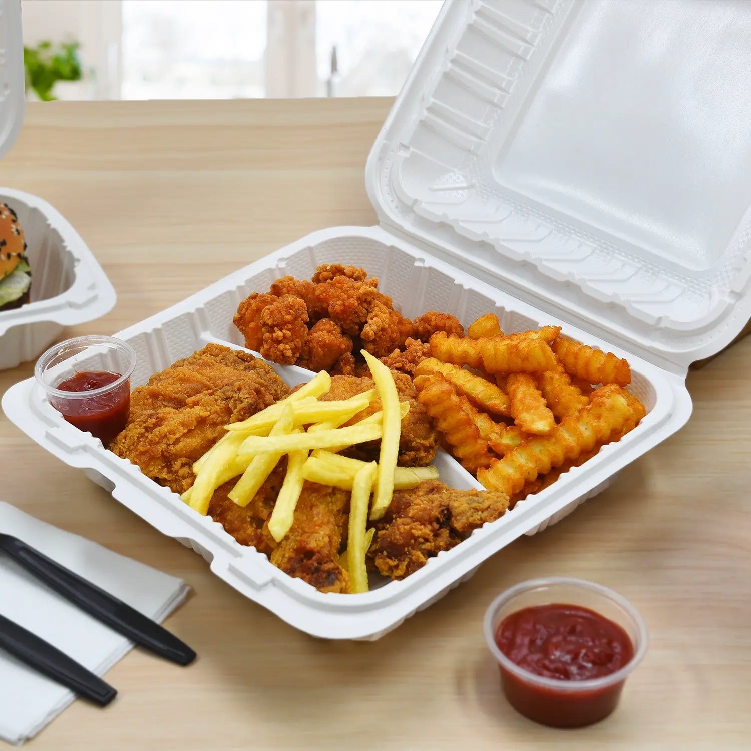 8"x 8" 3-Compartment White PP Hinged Food Containers- 150/Case