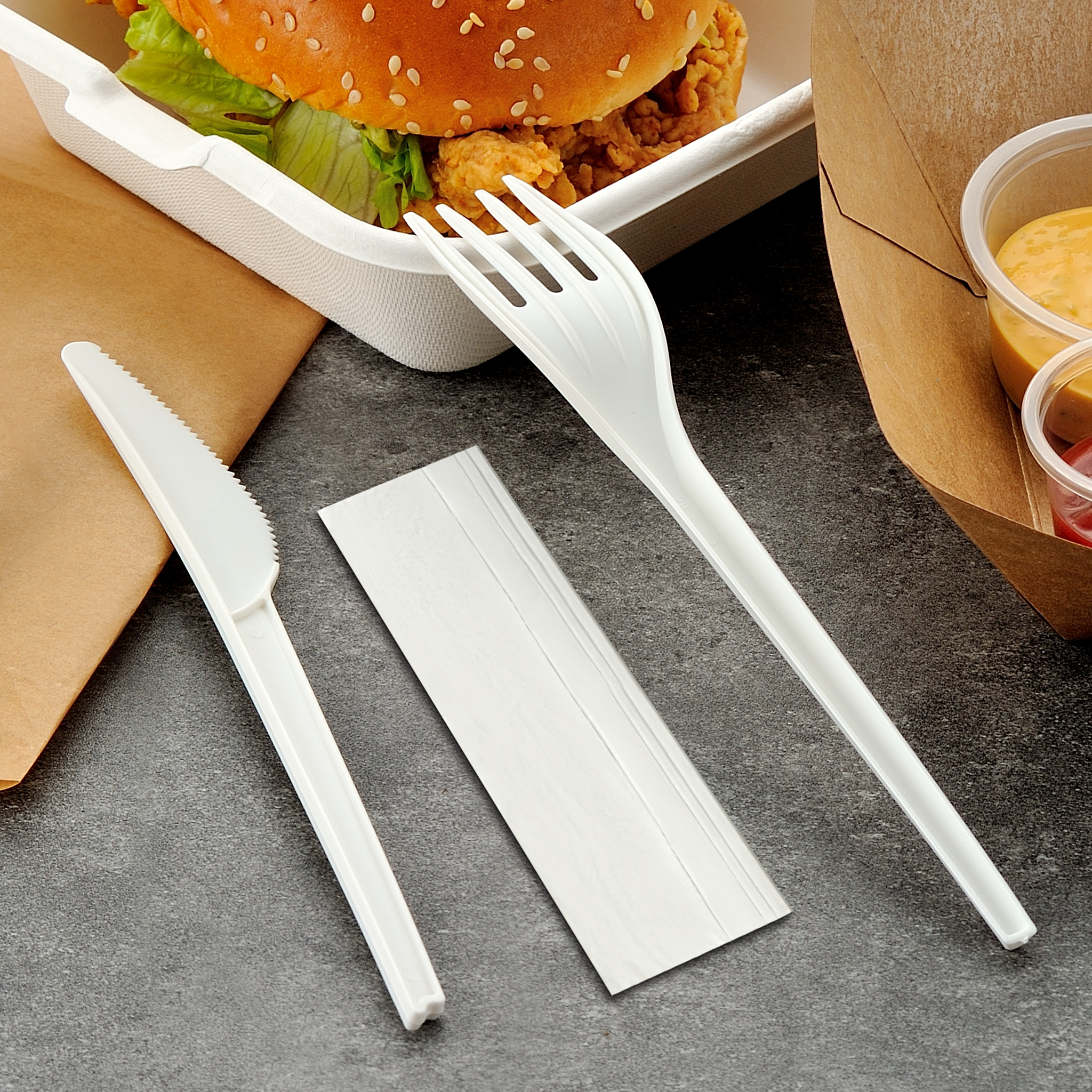 [250ct] PLA Heavy Weight Cutlery Kits (Knife, Fork, Napkin) | White