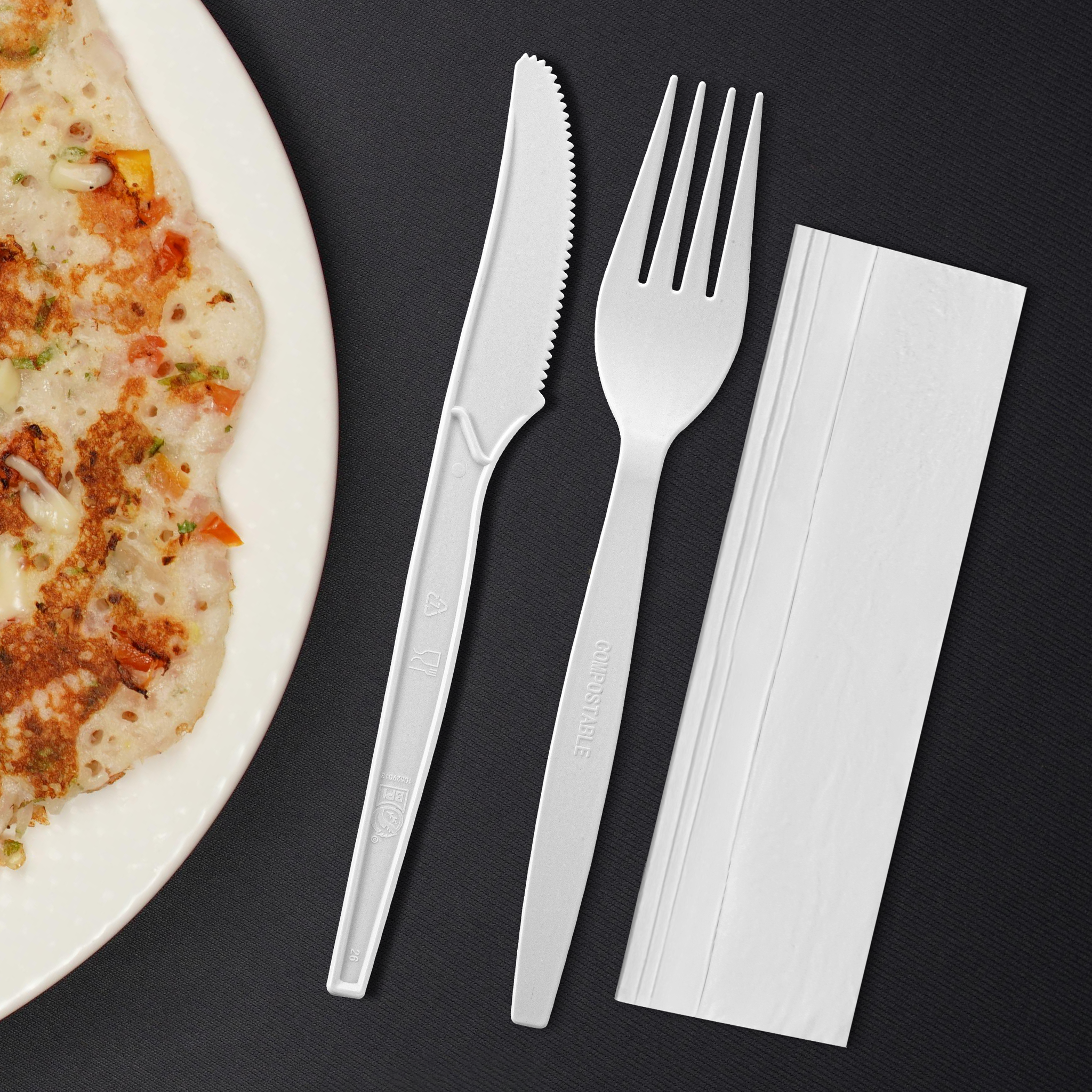 [250ct] PLA Heavy Weight Cutlery Kits (Knife, Fork, Napkin) | White