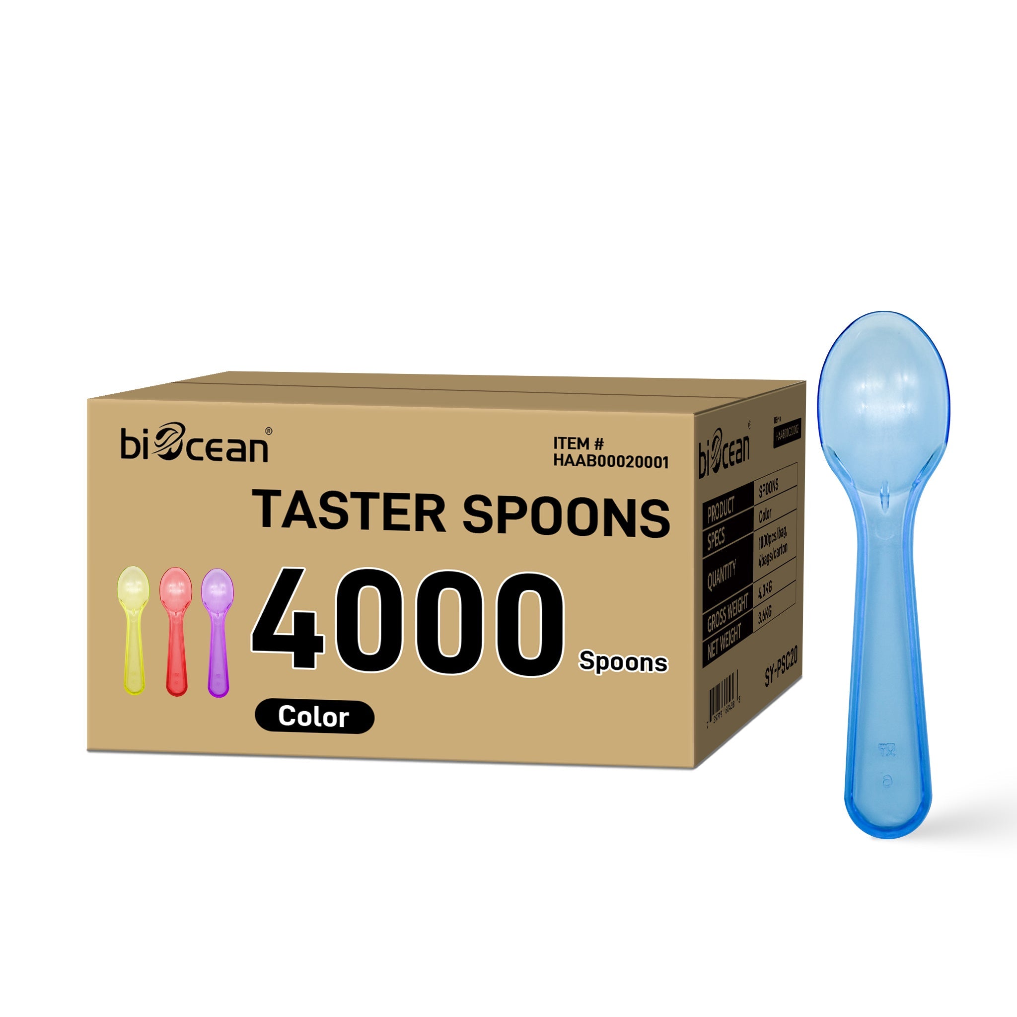 [4,000 ct] 3" PS Plastic Tasting Spoons | Assorted Colors - Biocean by Danube BlueBiocean