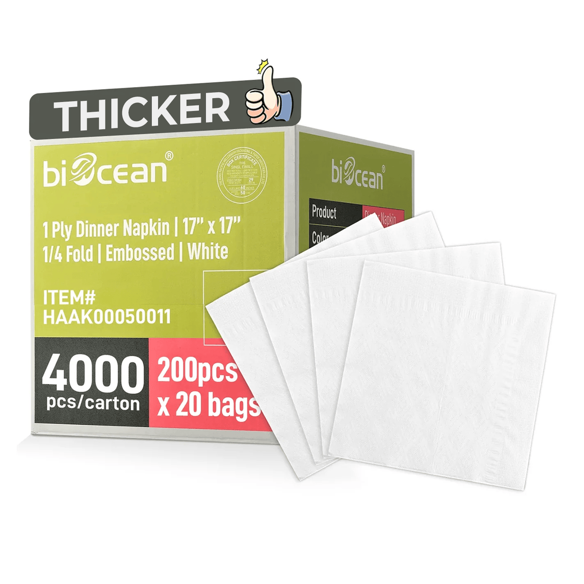 [4,000ct] 17" x 17" 1-Ply Premium Dinner Napkins | 1/4 Fold | White - Biocean by Danube BlueBiocean