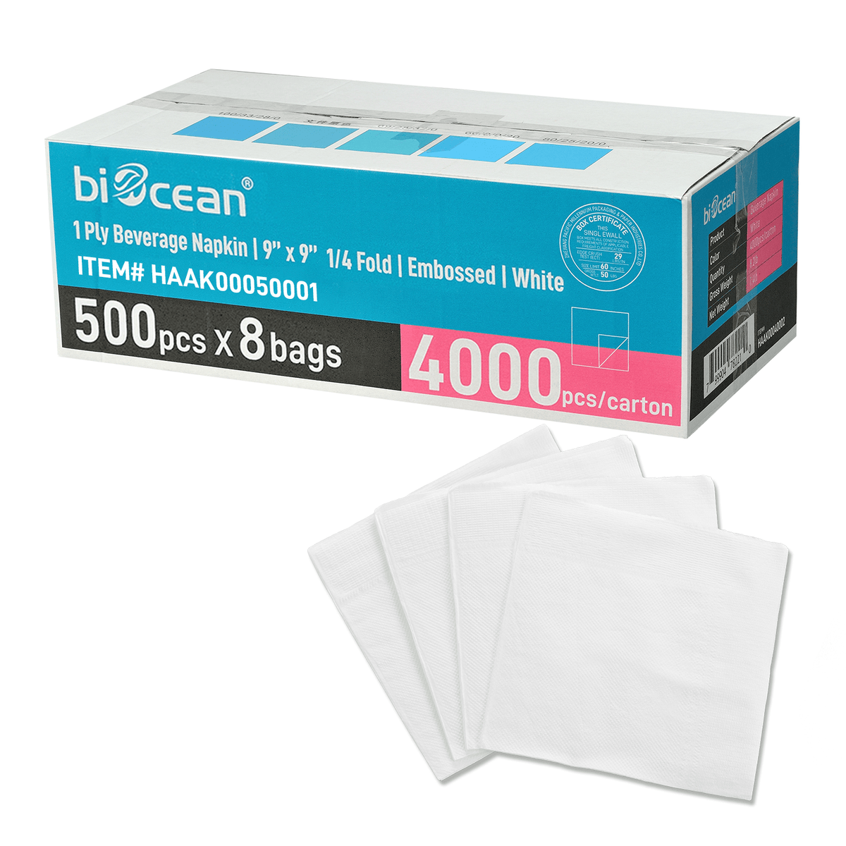 [4,000ct] 9" x 9" 1-Ply Beverage Napkins | 1/4 Fold | White - Biocean by Danube BlueBiocean