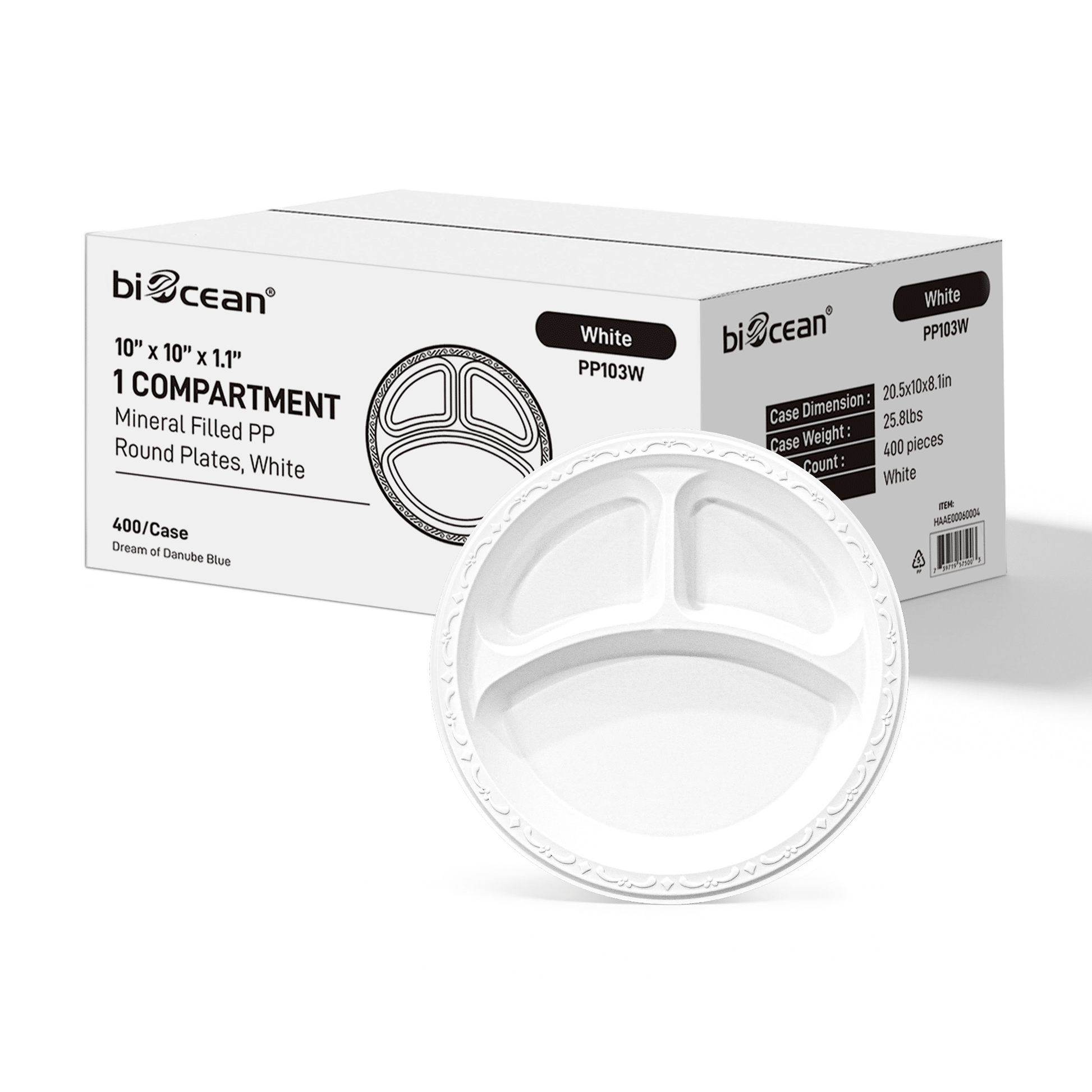 [400ct] 10" Mineral Filled PP Plates | 3 - compartment | Round | White - Biocean by Danube BlueBiocean