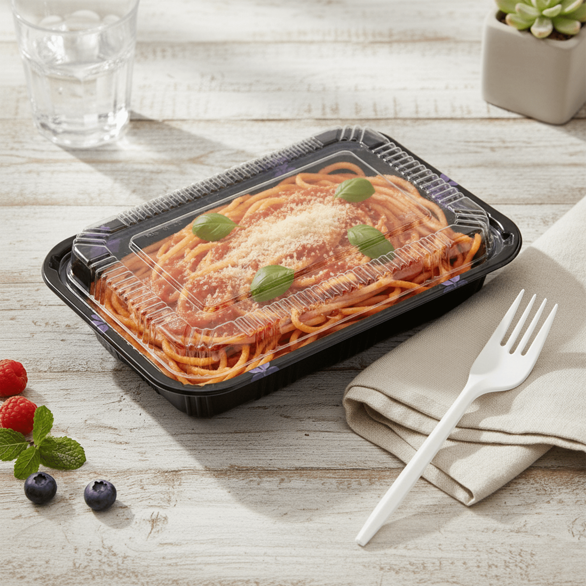 [400ct] 8 9/20" x 5 9/10" PS Plastic Rectangular Food Containers & Lids | Black - Biocean by Danube BlueBiocean