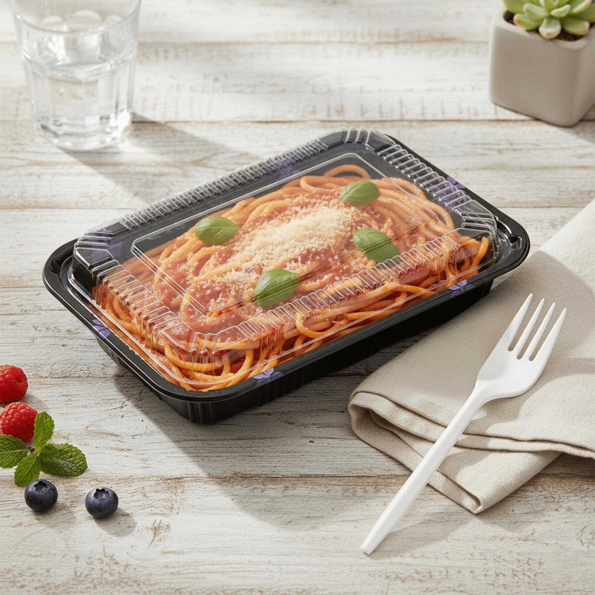 [400ct] 8 9/20" x 5 9/10" PS Plastic Rectangular Food Containers & Lids | Black - Biocean by Danube BlueBiocean