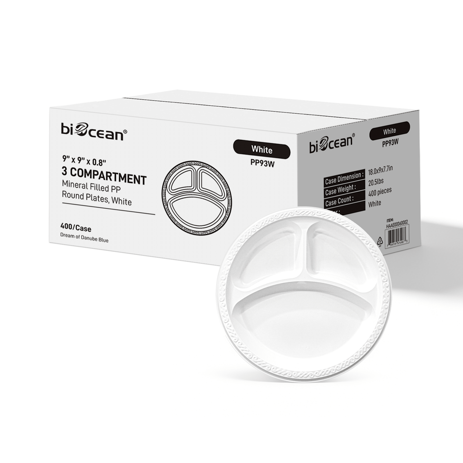 [400ct] 9" Mineral Filled PP Plates | 3 - compartment | Round | White - Biocean by Danube BlueBiocean