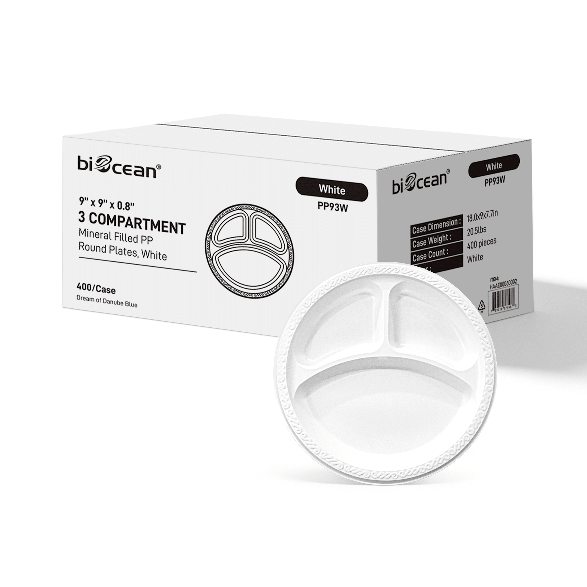 [400ct] 9" Mineral Filled PP Plates | 3 - compartment | Round | White - Biocean by Danube BlueBiocean