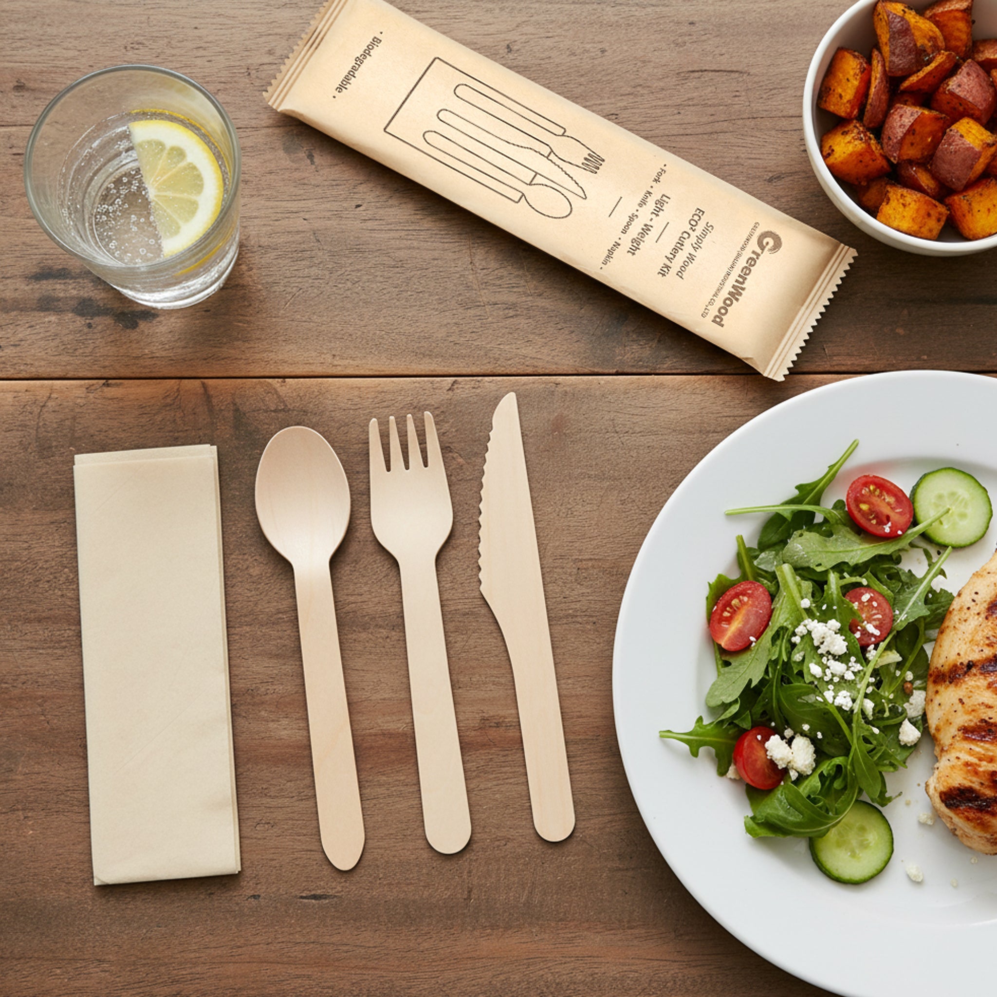 [400ct] Compostable Wooden Cutlery Kits with Napkin | Brown - Biocean by Danube BlueBiocean