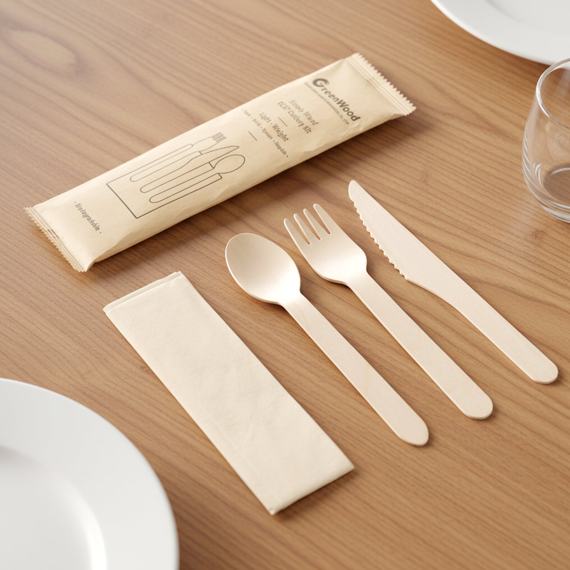 [400ct] Compostable Wooden Cutlery Kits with Napkin | Brown - Biocean by Danube BlueBiocean