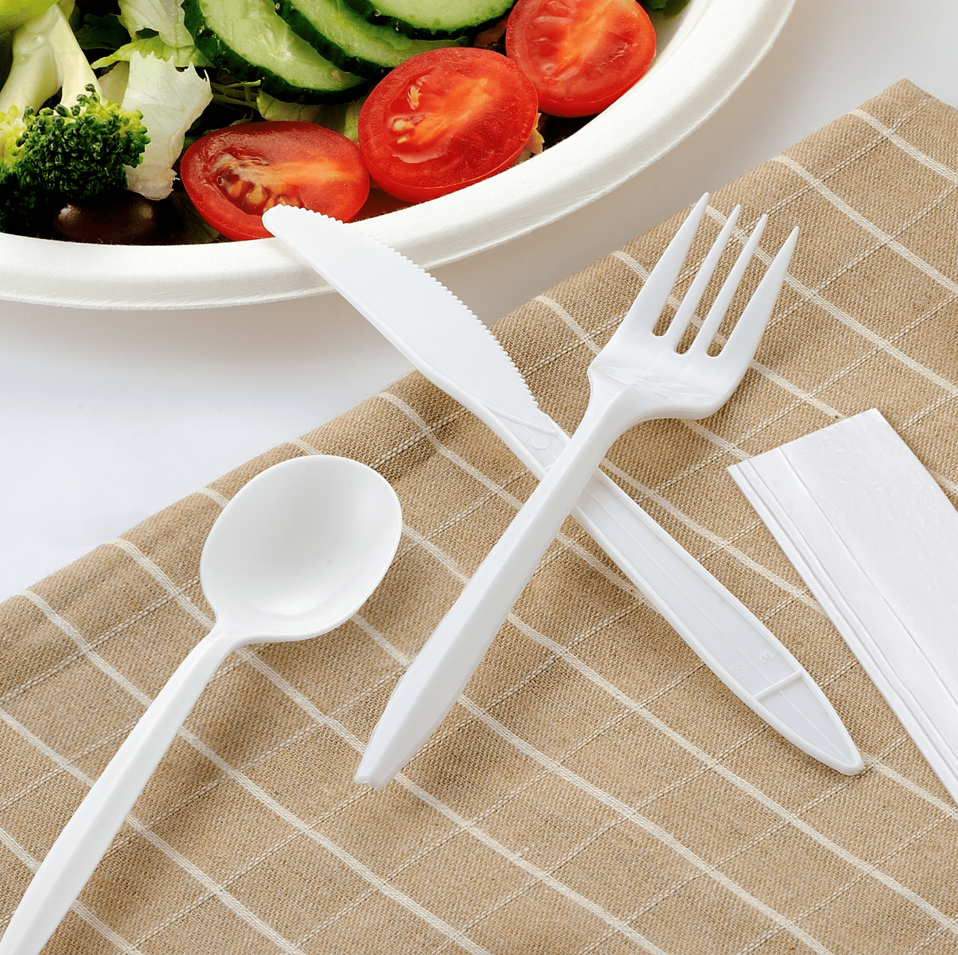 [400ct] PP Plastic Medium Weight Cutlery Kits (Knife,Fork,Soup Spoon,Napkin) | White - Biocean by Danube BlueBiocean