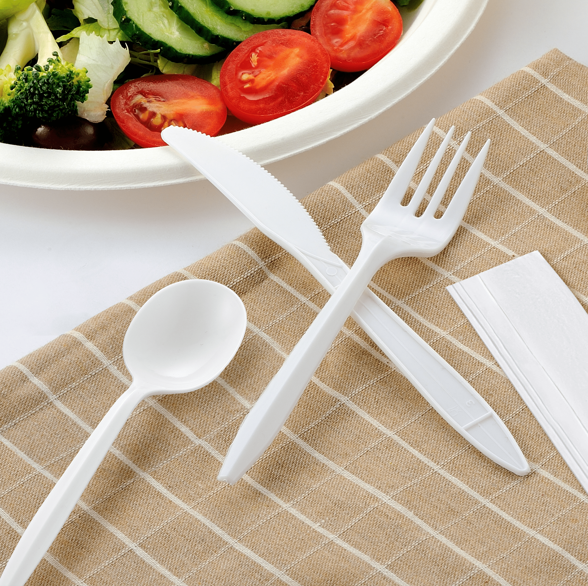 [400ct] PP Plastic Medium Weight Cutlery Kits (Knife,Fork,Soup Spoon,Napkin) | White - Biocean by Danube BlueBiocean