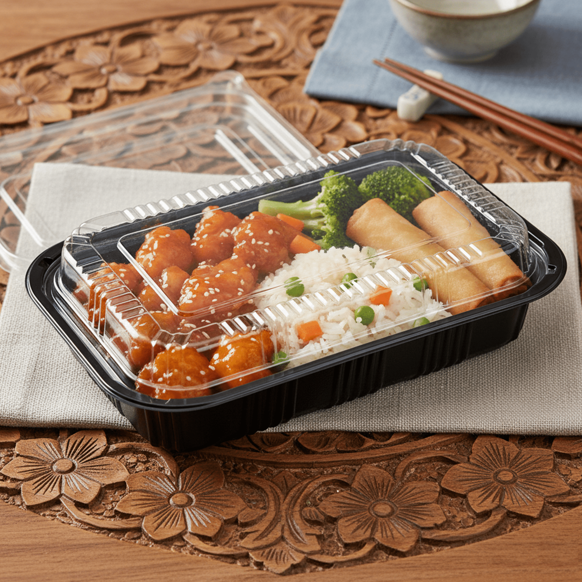 [450ct] 8 1/5" x 5 1/3" PS Plastic Rectangular Food Containers & Lids | Black - Biocean by Danube BlueBiocean