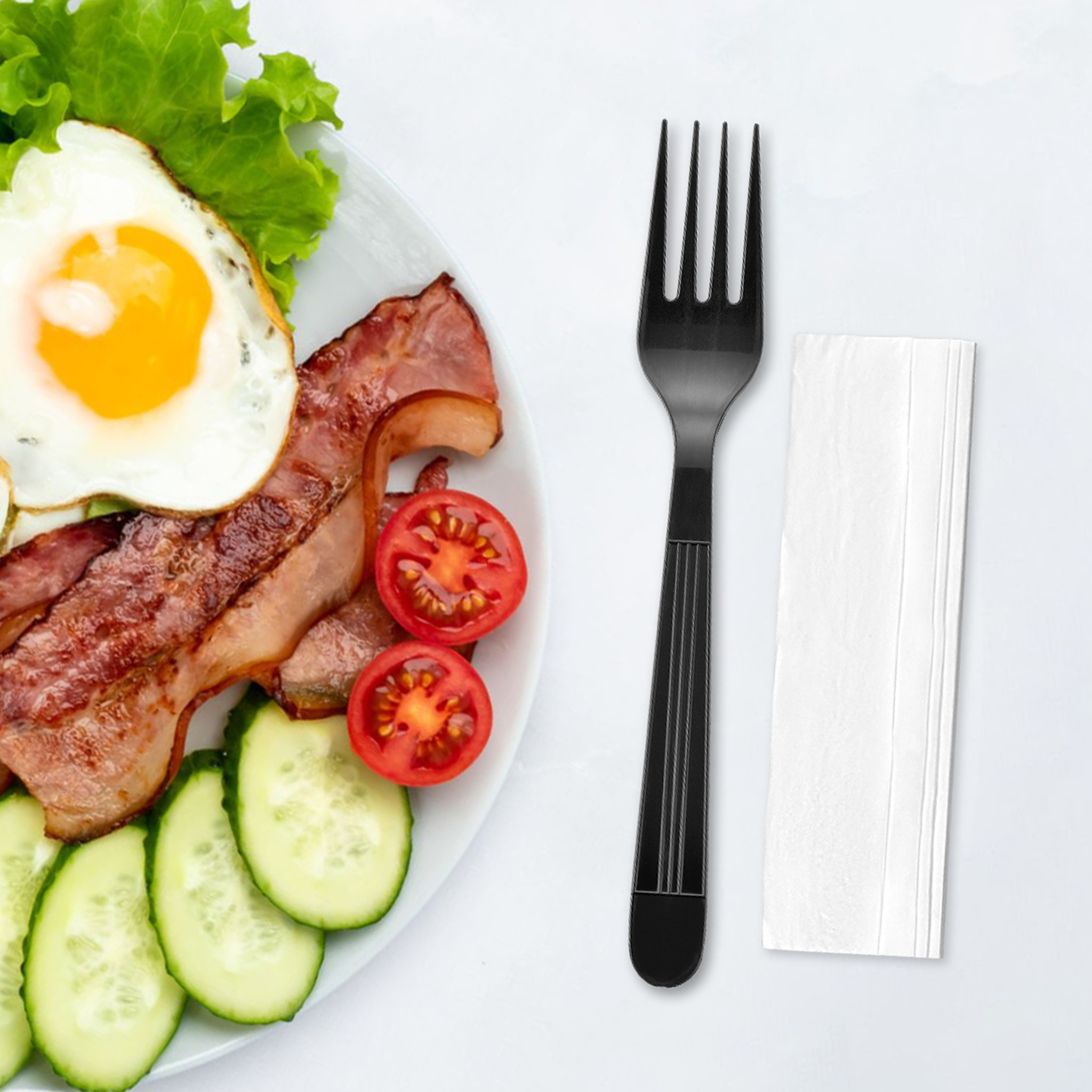 [1,000ct] PP Plastic Heavy Weight Cutlery Kits( Fork, Napkin) | Black