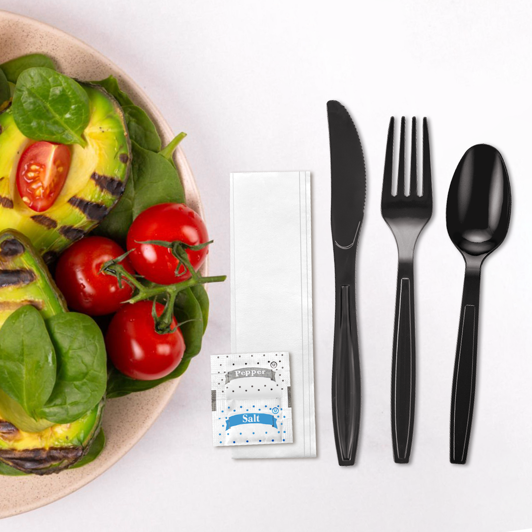 [250ct] PS Plastic Heavy Weight  Cutlery Kits with Salt and Pepper | Black