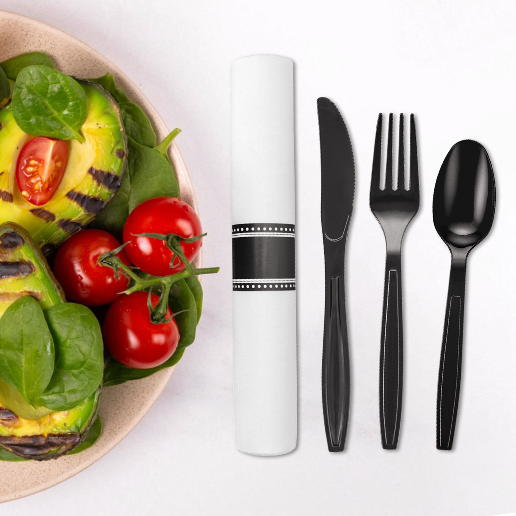 [100ct] 17.5" × 15.5" Pre-Rolled Linen-Feel Napkin and  Heavy Weight PS Plastic Cutlery Set | Black