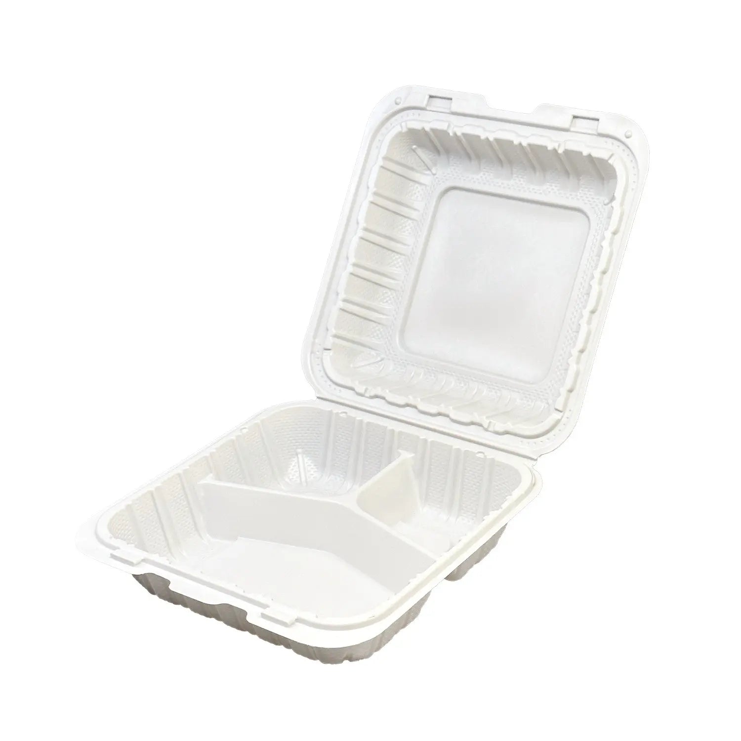 8"x 8" 3-Compartment White PP Hinged Food Containers- 150/Case