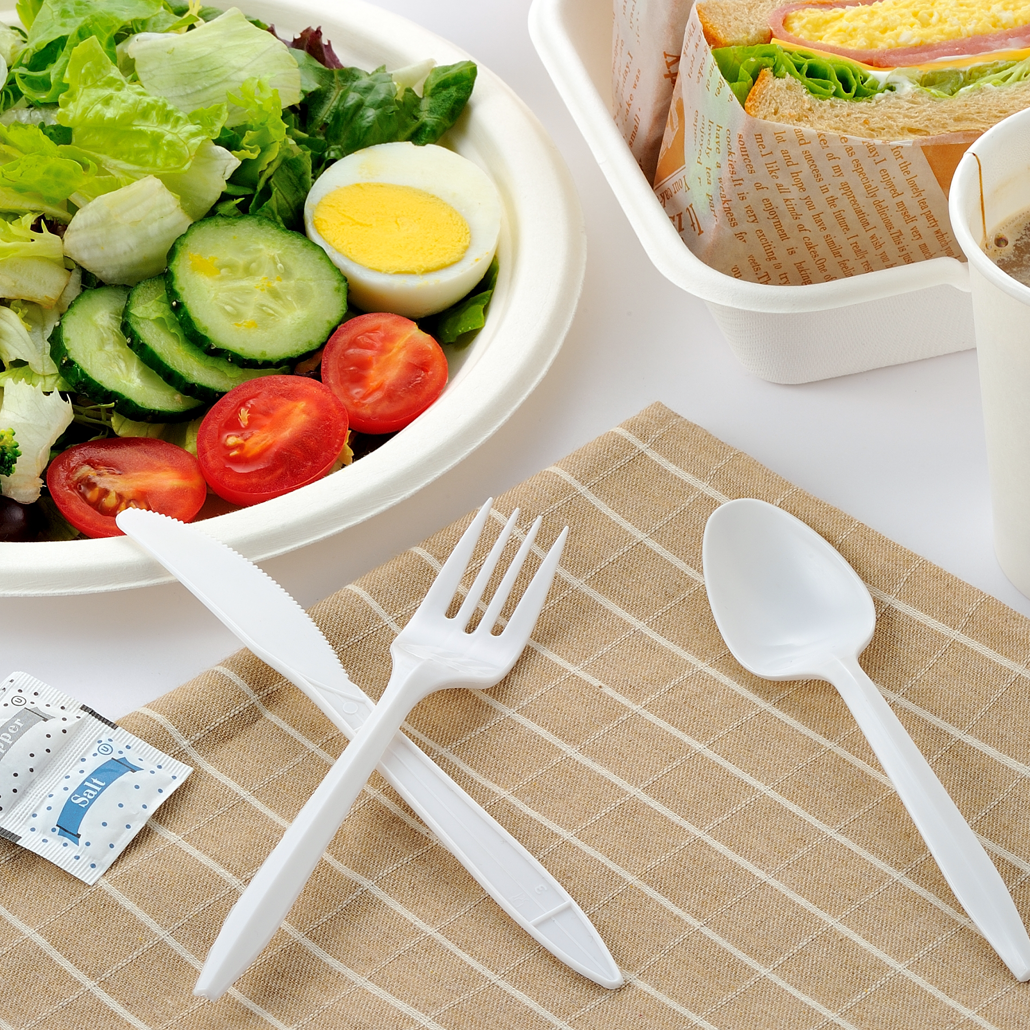 [250ct] PP Plastic Medium Weight Cutlery Kits with Salt and Pepper | White