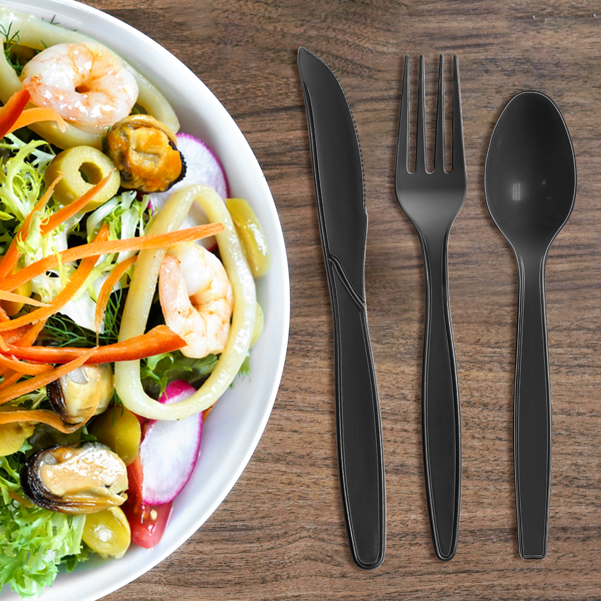 [250ct] PP Plastic Extra Heavy Weight Cutlery Kits with Salt and Pepper | Black