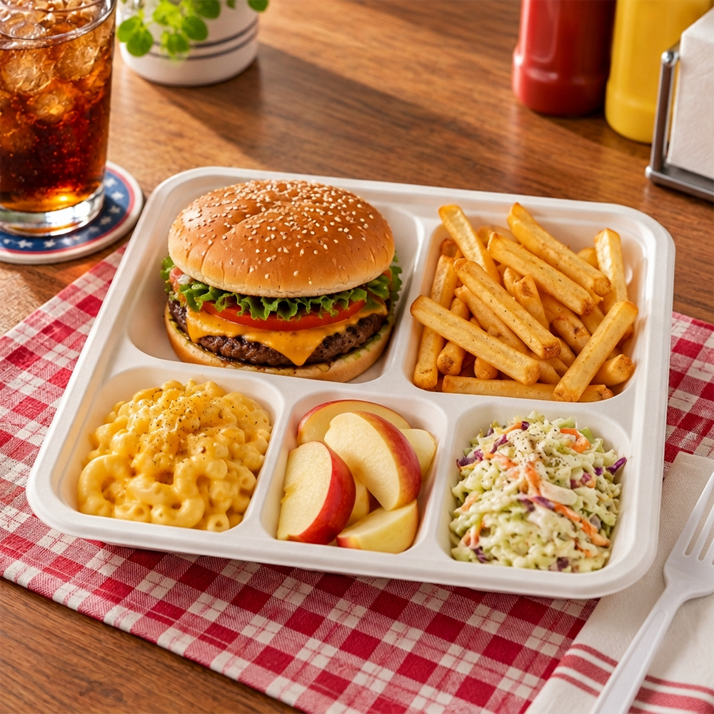 [500ct] 10"x 8" Compostable Bagasse Plates  | 5-compartment |  Rectangular | White