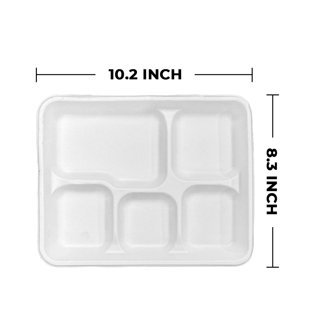 [500ct] 10"x 8" Compostable Bagasse Plates  | 5-compartment |  Rectangular | White