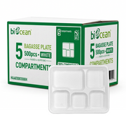 [500ct] 10"x 8" Compostable Bagasse Plates  | 5-compartment |  Rectangular | White