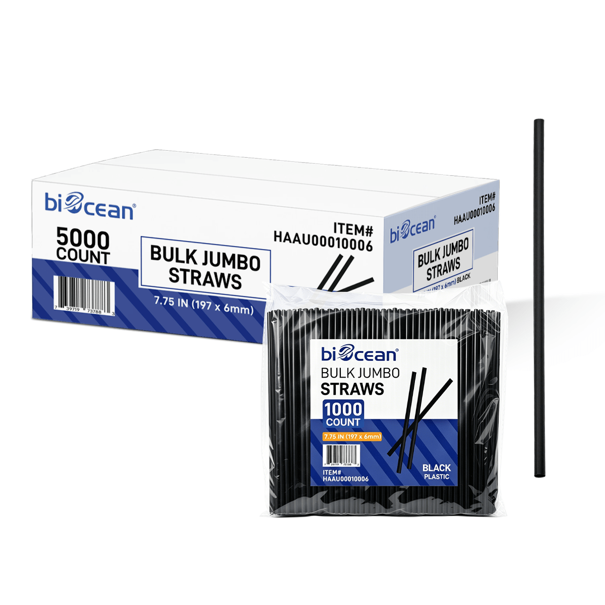 [5,000ct] 7.75" Jumbo Unwrapped Straw | Black - Biocean by Danube BlueBiocean