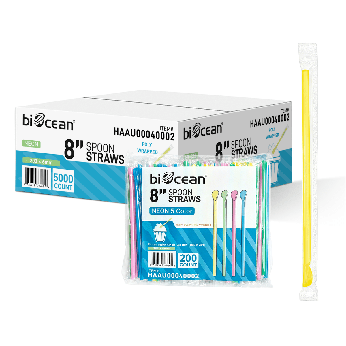 [5,000ct] 8" Wrapped Spoon Straw | Assorted Colors - Biocean by Danube BlueBiocean