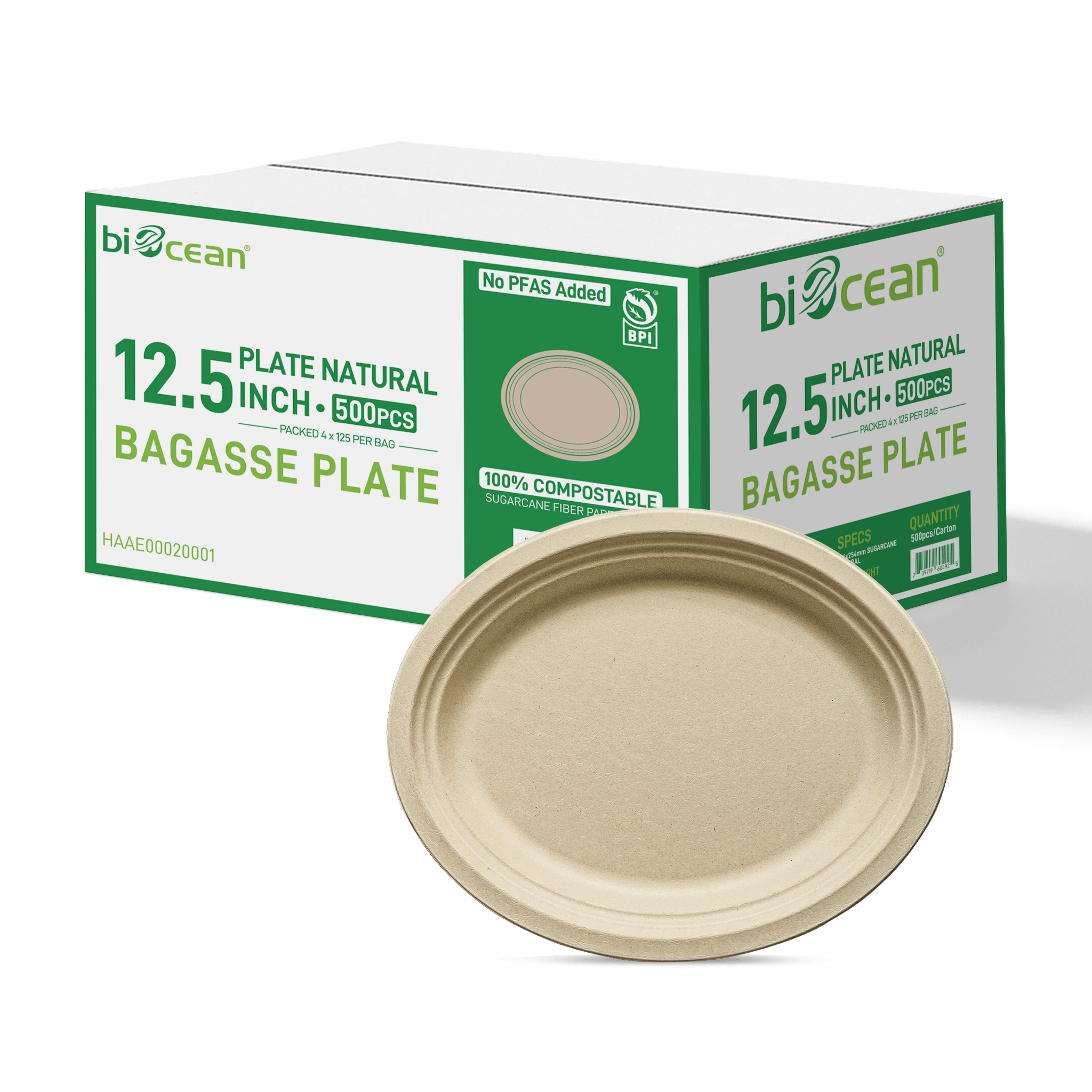 [500ct] 12.5" x 10" Compostable Bagasse Plates | Oval | Natural - Biocean by Danube BlueBiocean