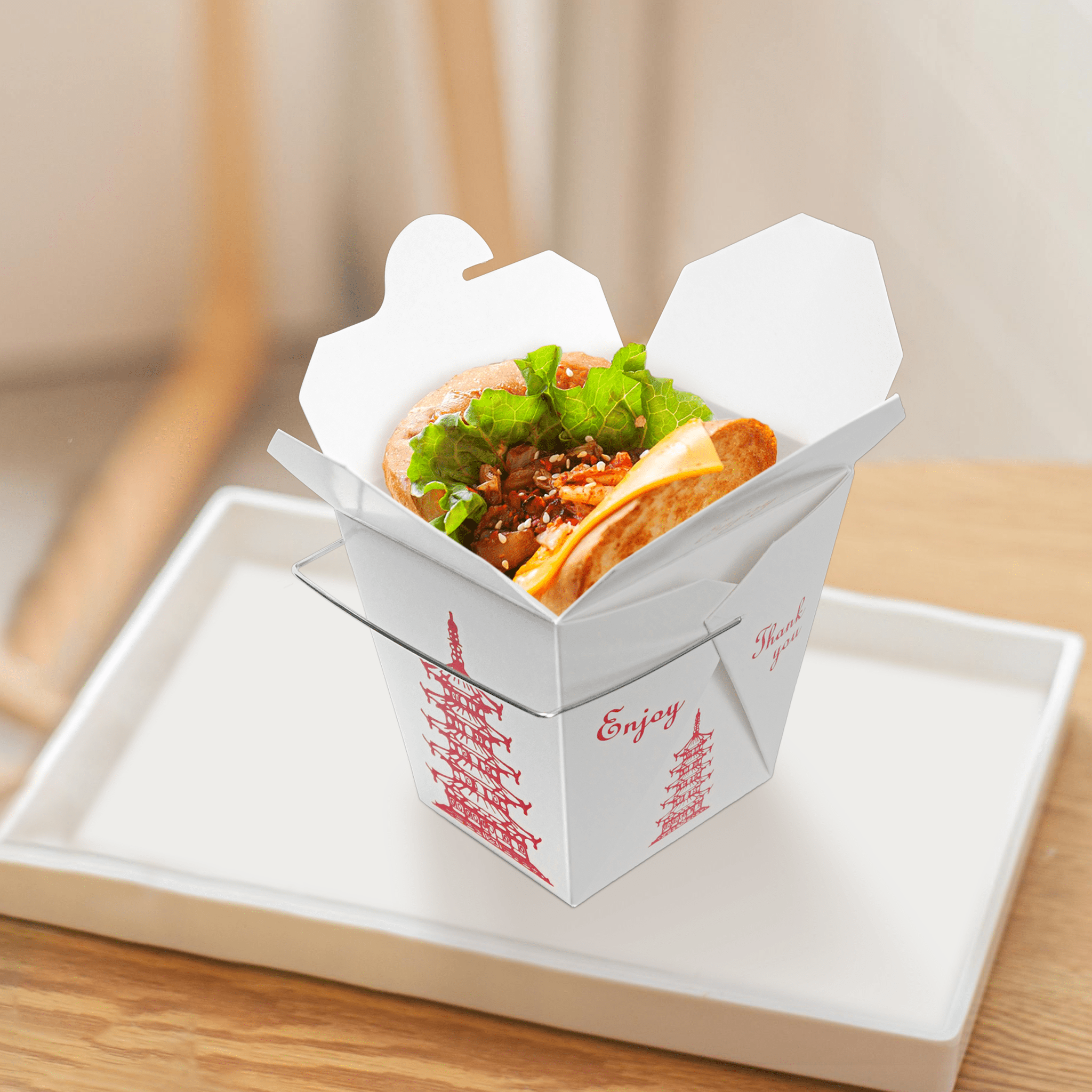 [500ct] 16oz Asian Paper Take - Out Container with Wire Handle | White - Biocean by Danube BlueBiocean