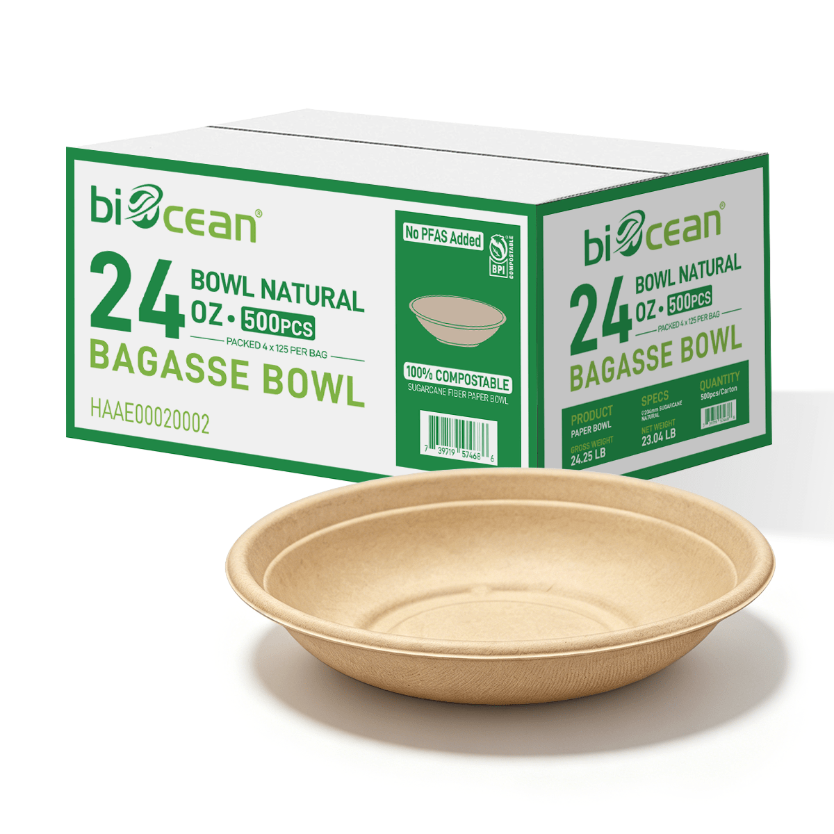 [500ct] 24oz Compostable Bagasse Bowls | Round | Natural - Biocean by Danube BlueBiocean