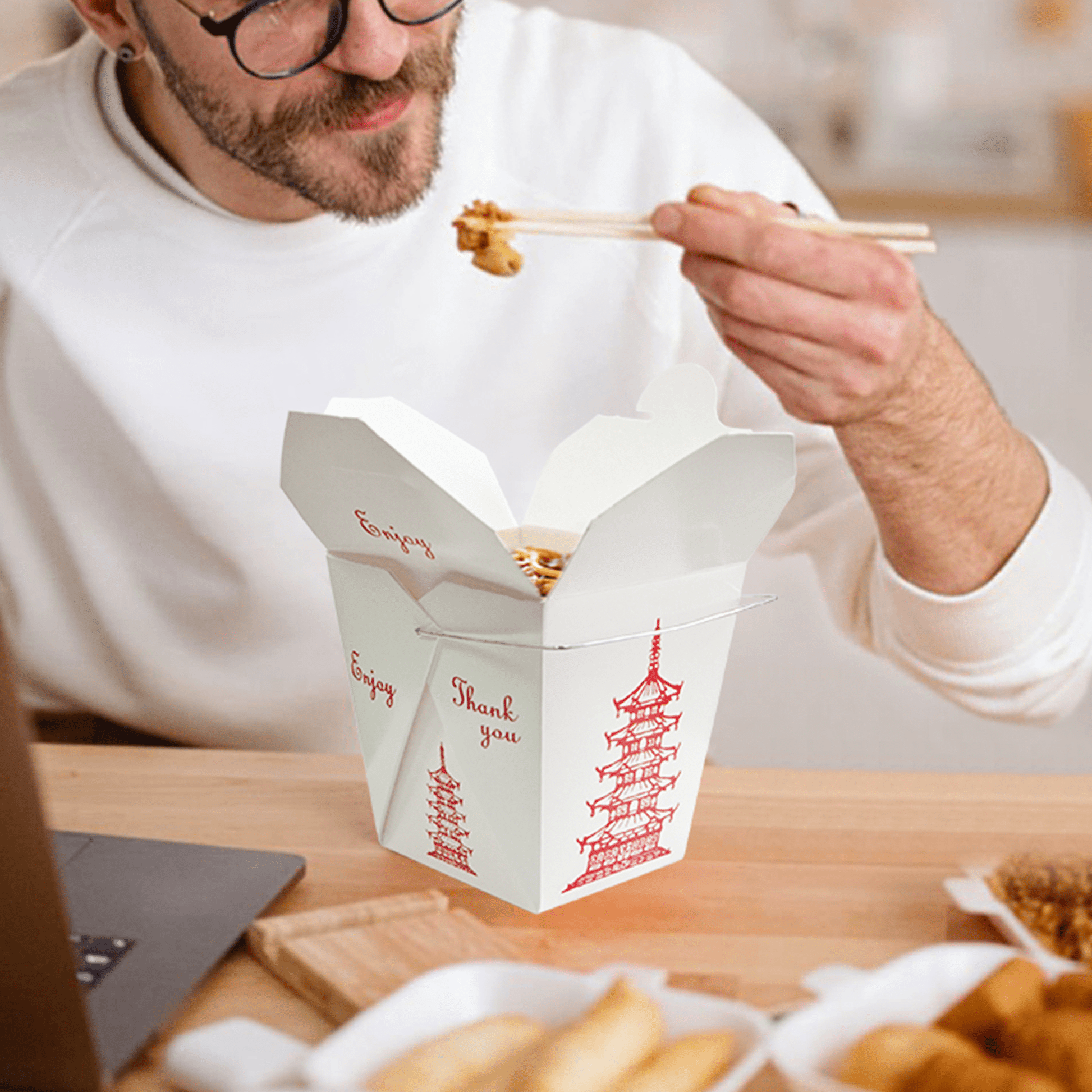 [500ct] 26oz Asian Paper Take - Out Container with Wire Handle | White - Biocean by Danube BlueBiocean
