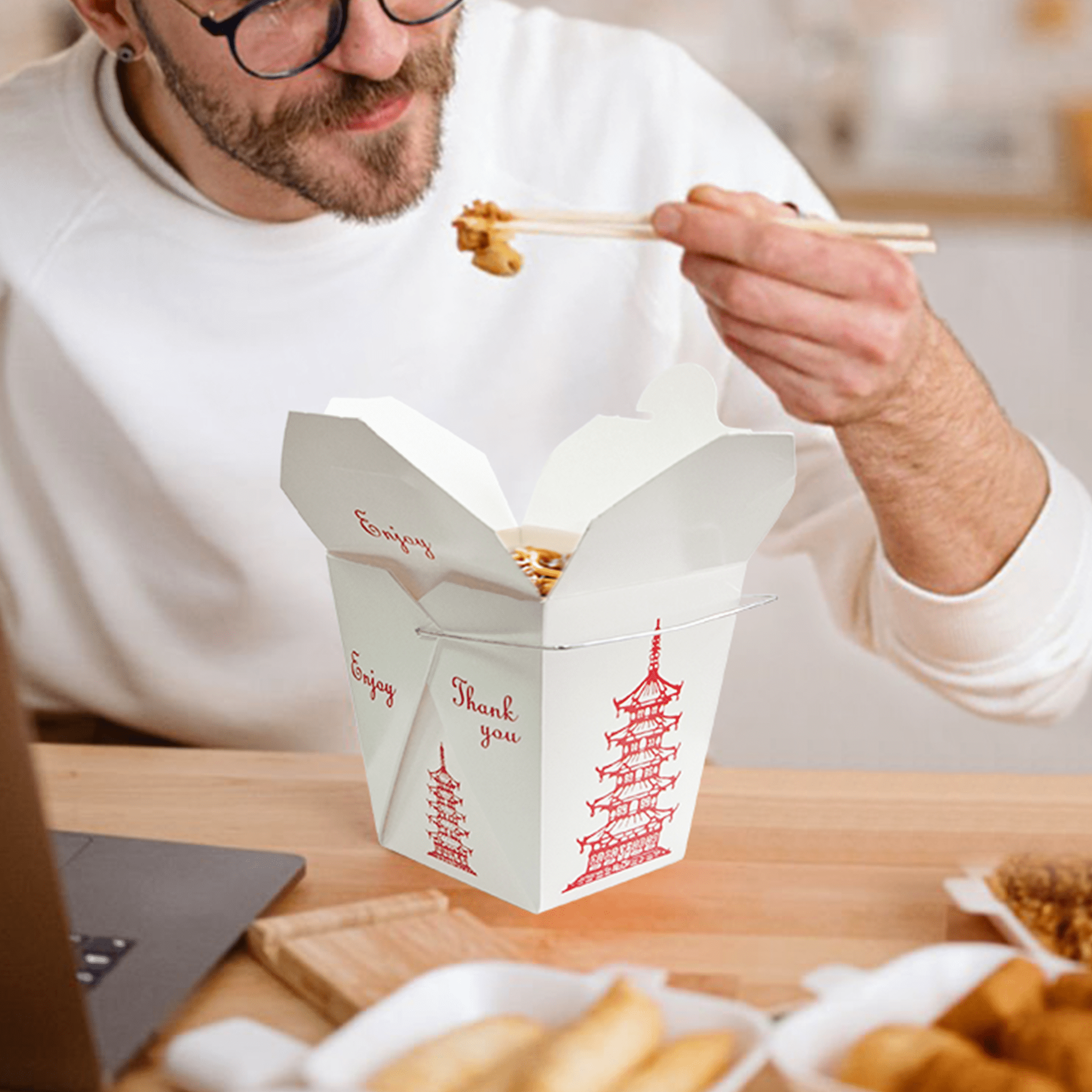 [500ct] 26oz Asian Paper Take - Out Container with Wire Handle | White - Biocean by Danube BlueBiocean