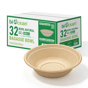 [500ct] 32oz Compostable Bagasse Bowls | Round | Natural - Biocean by Danube BlueBiocean