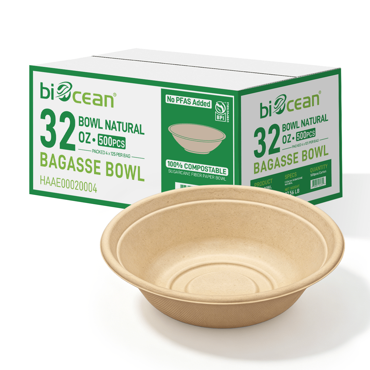 [500ct] 32oz Compostable Bagasse Bowls | Round | Natural - Biocean by Danube BlueBiocean