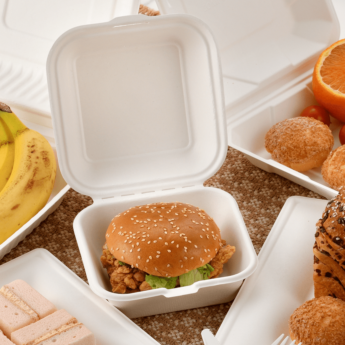 [500ct] 6" x 6" x 3" Sugarcane Bagasse Take-Out Box | White - Biocean by Danube BlueBiocean