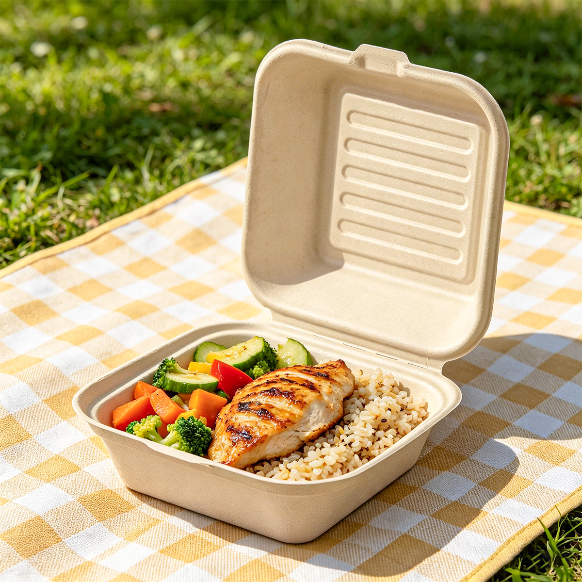[500ct] 6" x 6" x 3"Sugarcane Bagasse Take - 0ut Box | Natural - Biocean by Danube BlueBiocean