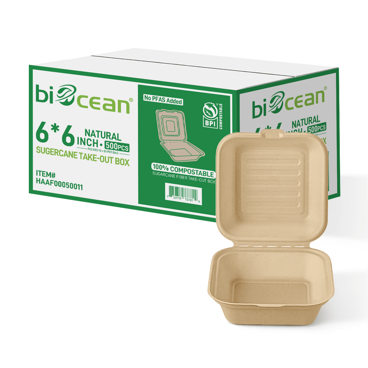 [500ct] 6" x 6" x 3"Sugarcane Bagasse Take - 0ut Box | Natural - Biocean by Danube BlueBiocean