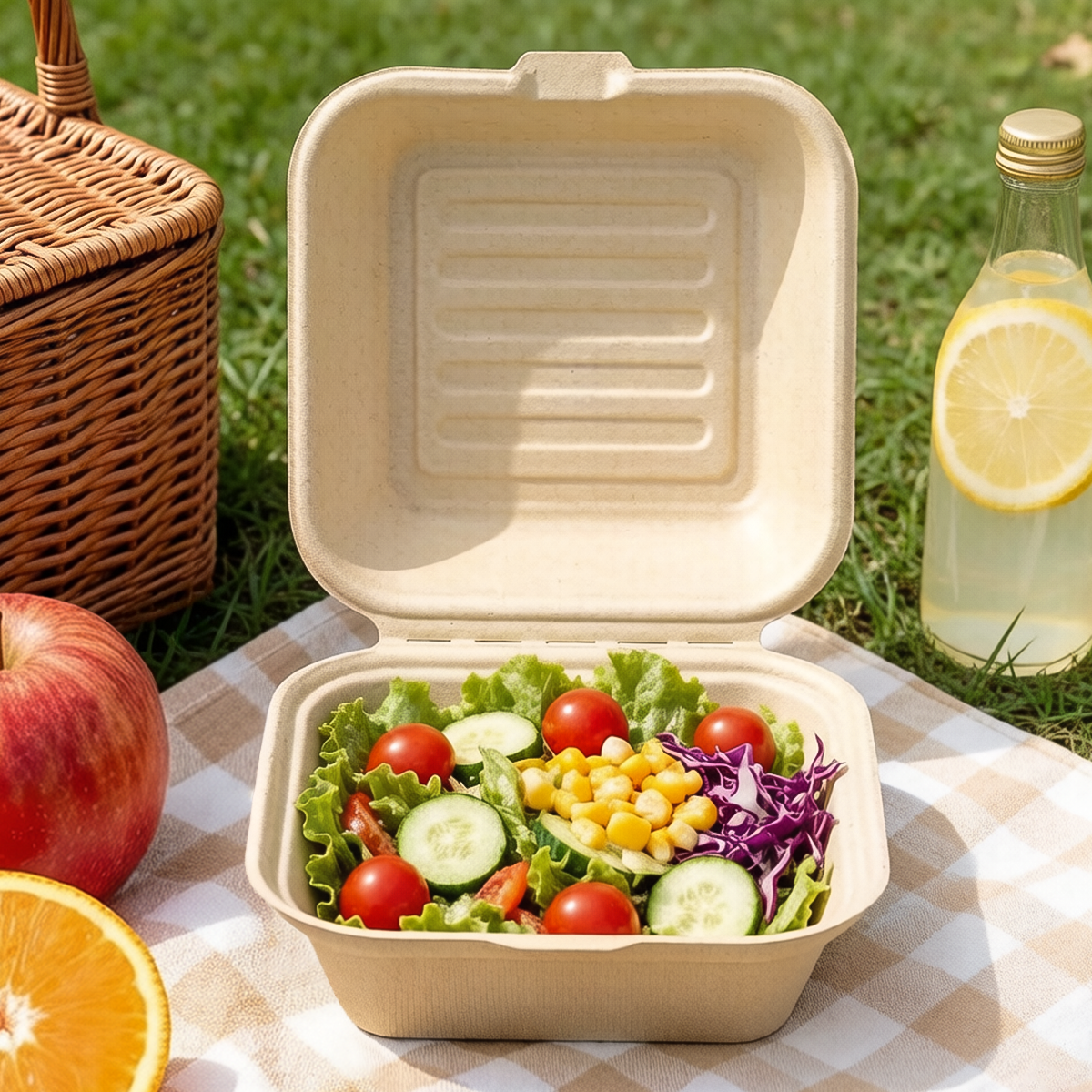 [500ct] 6" x 6" x 3"Sugarcane Bagasse Take - 0ut Box | Natural - Biocean by Danube BlueBiocean