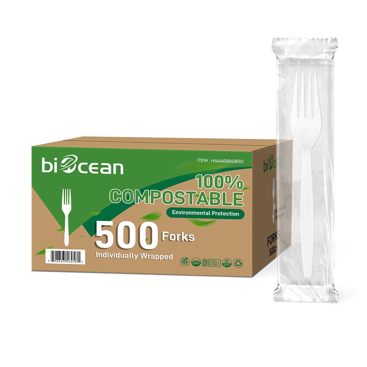 [500ct] PLA Heavy Weight Wrapped Forks | White - Biocean by Danube BlueBiocean