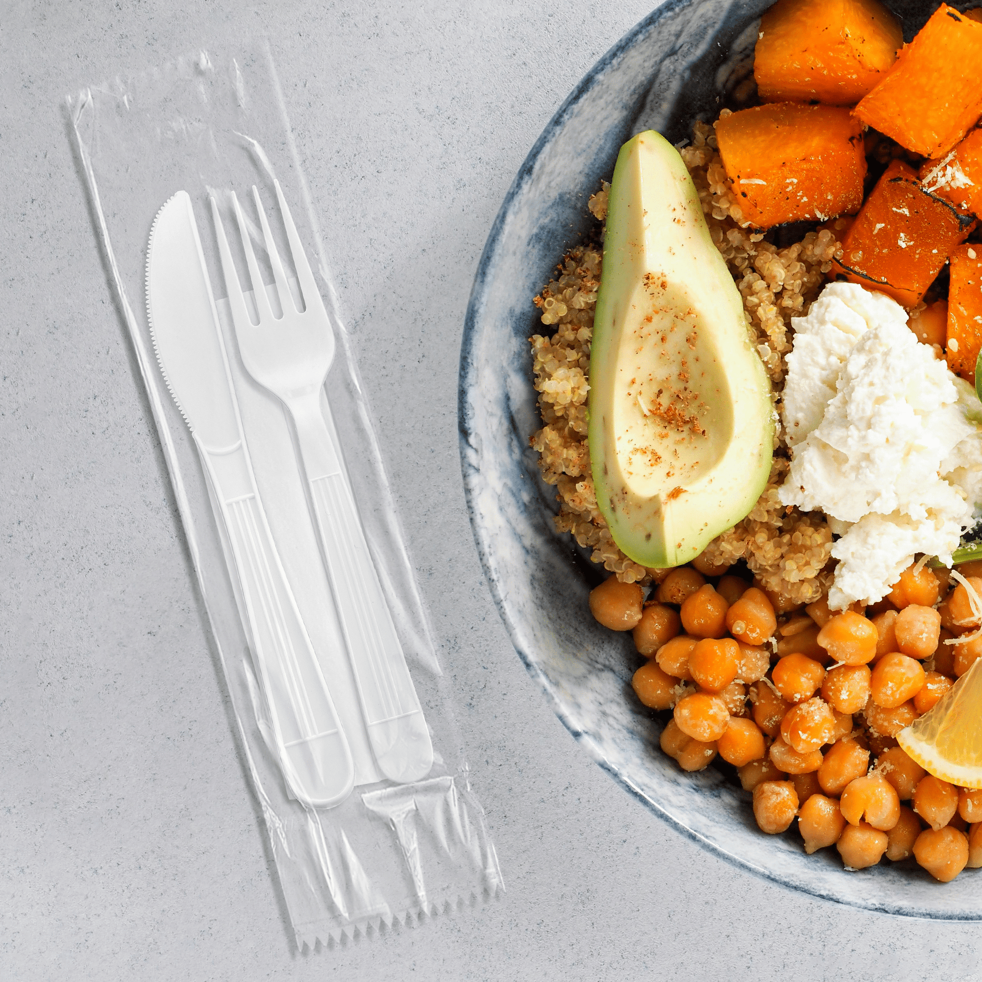 [500ct] PP Plastic Heavy Weight Cutlery Kits (Knife, Fork, Napkin) | White - Biocean by Danube BlueBiocean