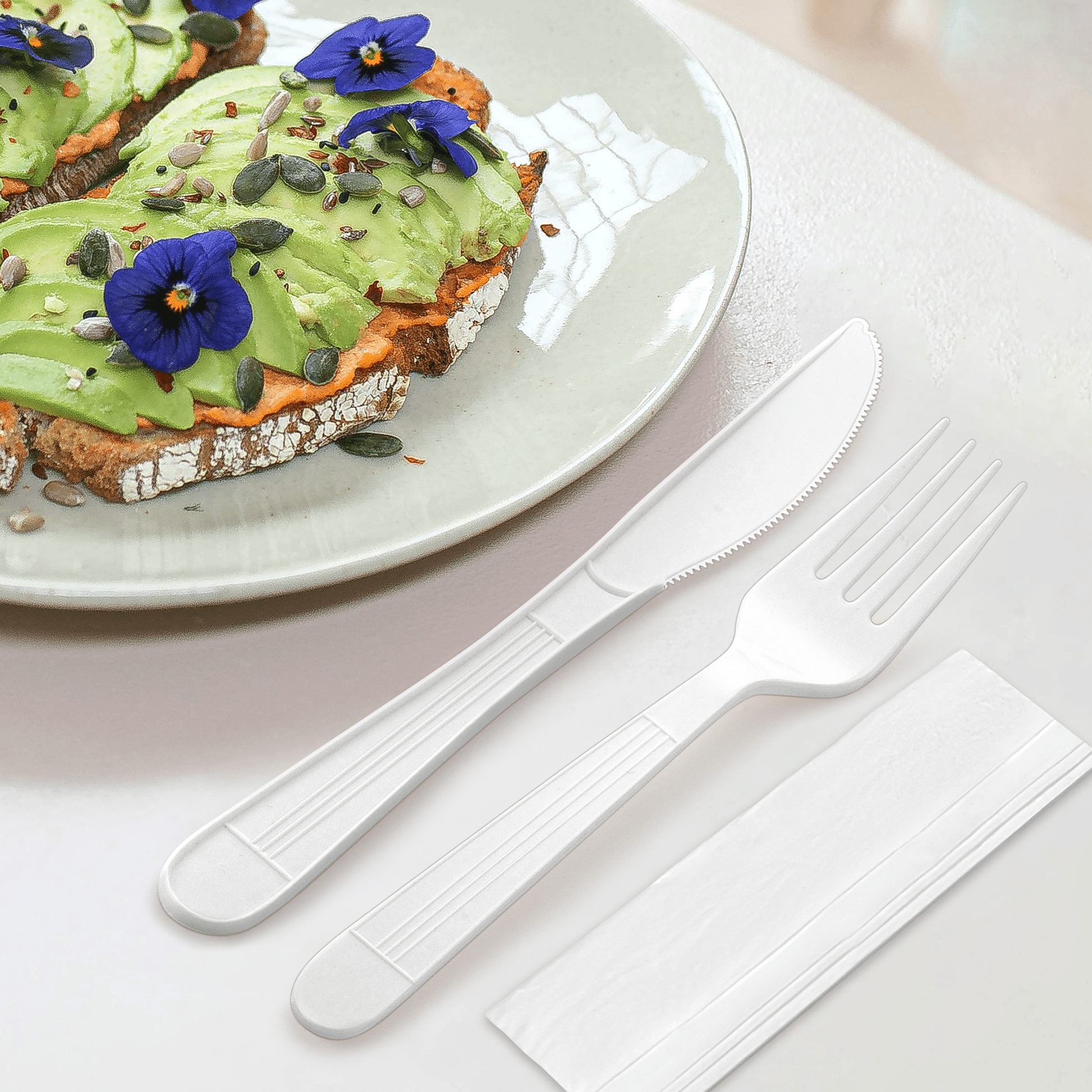 [500ct] PP Plastic Heavy Weight Cutlery Kits (Knife, Fork, Napkin) | White - Biocean by Danube BlueBiocean