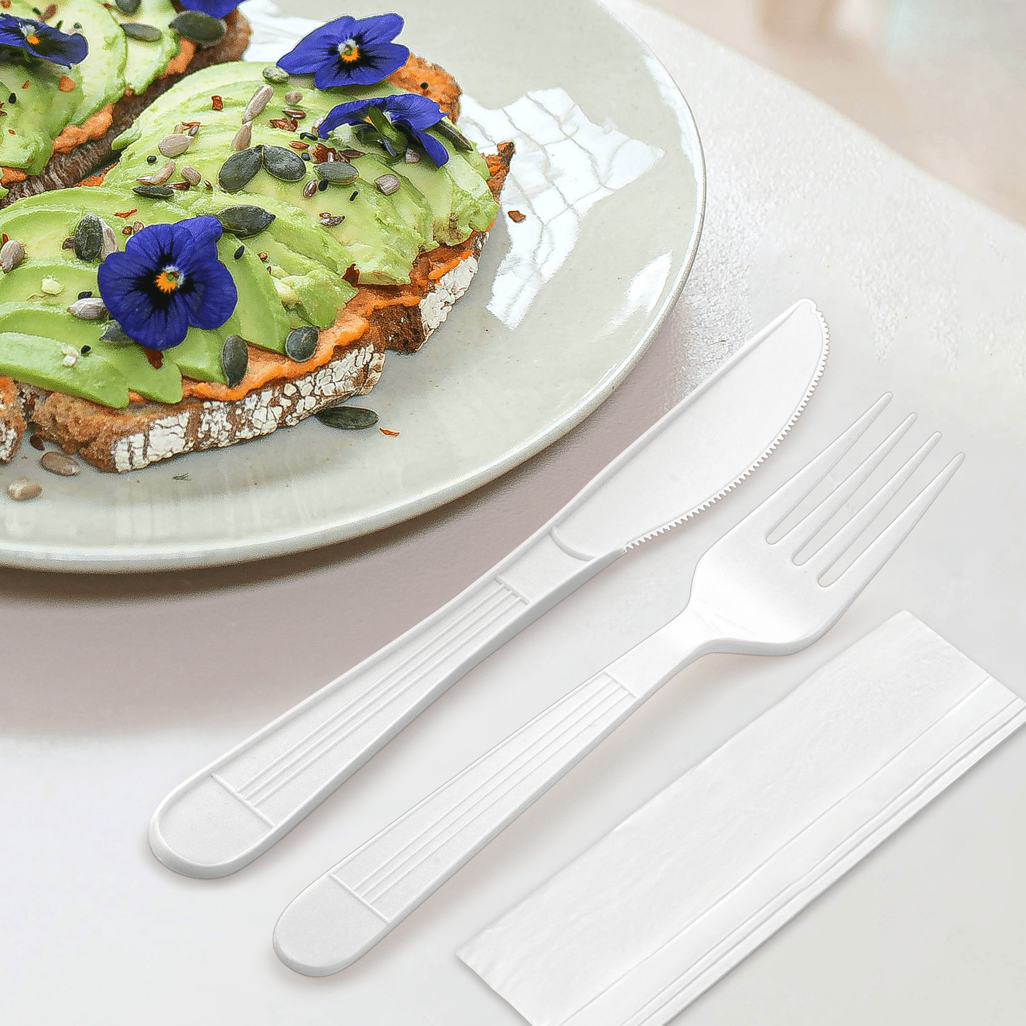 [500ct] PP Plastic Heavy Weight Cutlery Kits (Knife, Fork, Napkin) | White - Biocean by Danube BlueBiocean