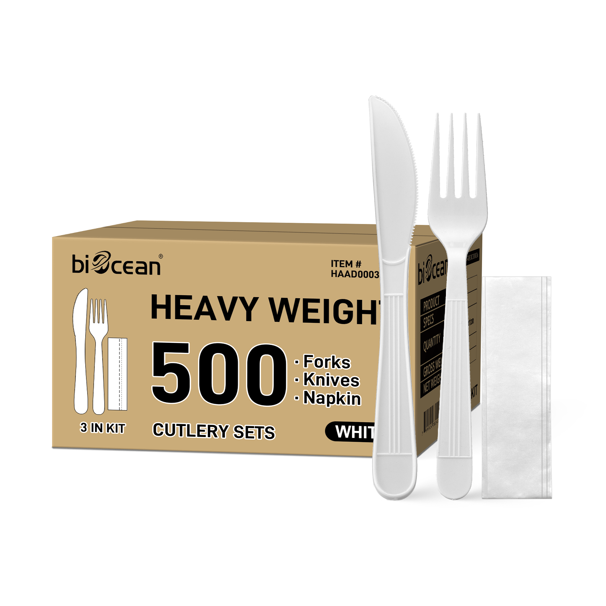 [500ct] PP Plastic Heavy Weight Cutlery Kits (Knife, Fork, Napkin) | White - Biocean by Danube BlueBiocean
