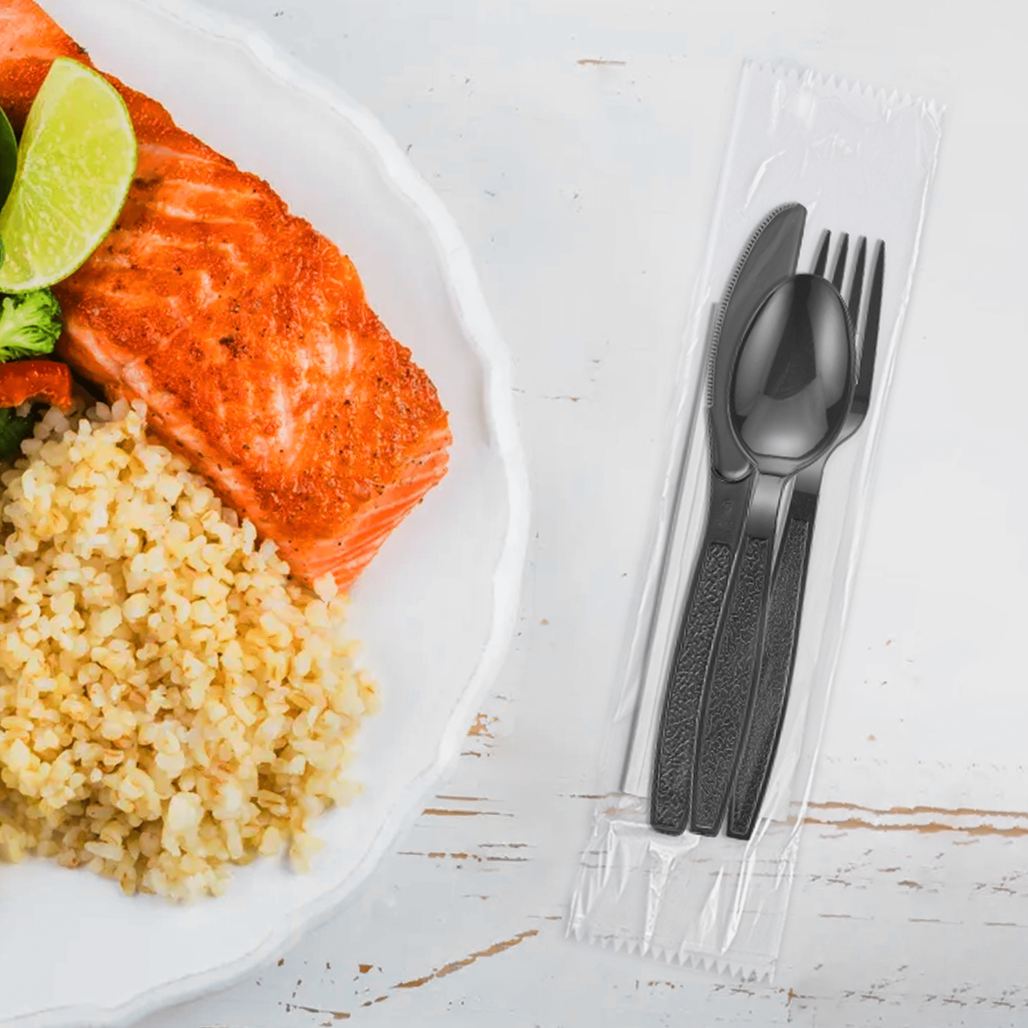 [500ct] PS Plastic Heavy Weight Cutlery Kits (Knife, Fork, Tea Spoon, Napkin) | Black - Biocean by Danube BlueBiocean