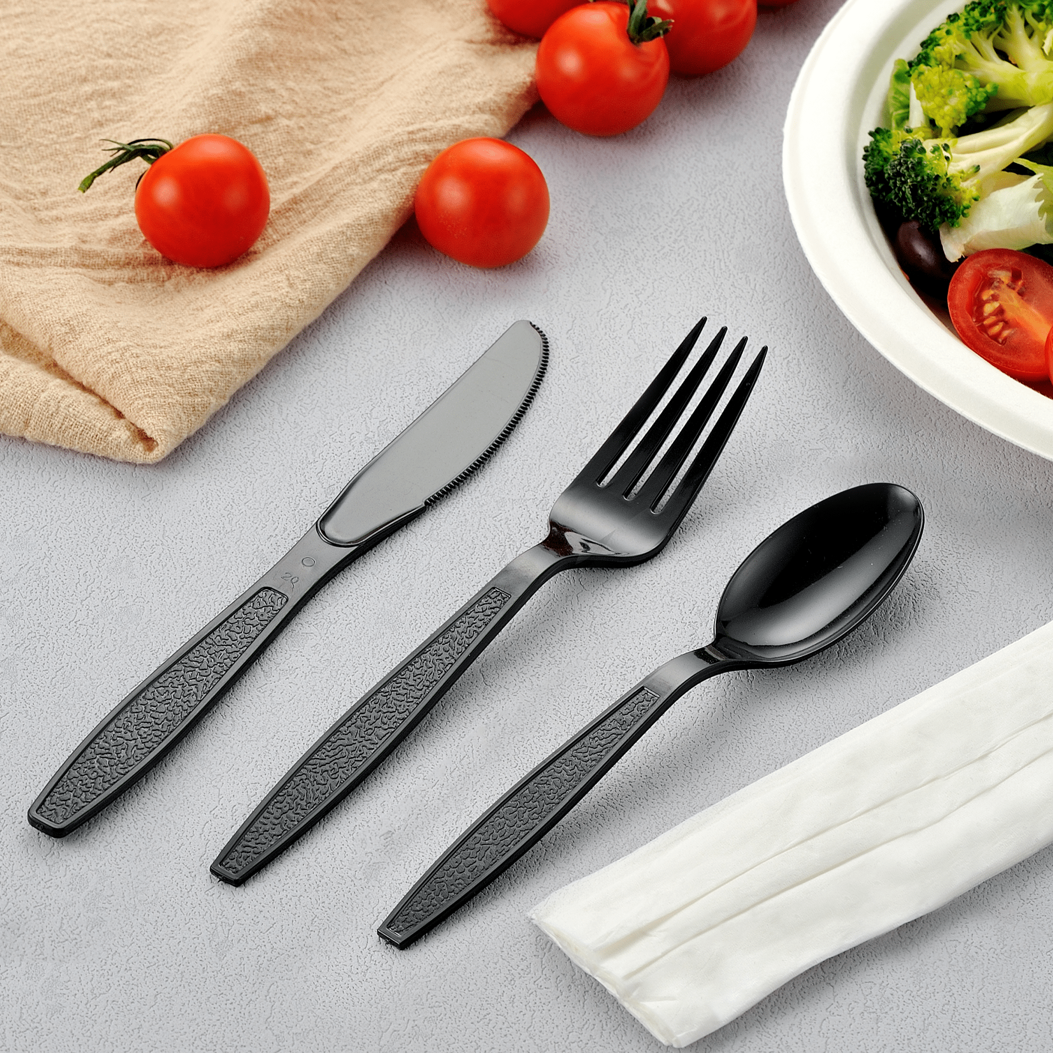 [500ct] PS Plastic Heavy Weight Cutlery Kits (Knife, Fork, Tea Spoon, Napkin) | Black - Biocean by Danube BlueBiocean
