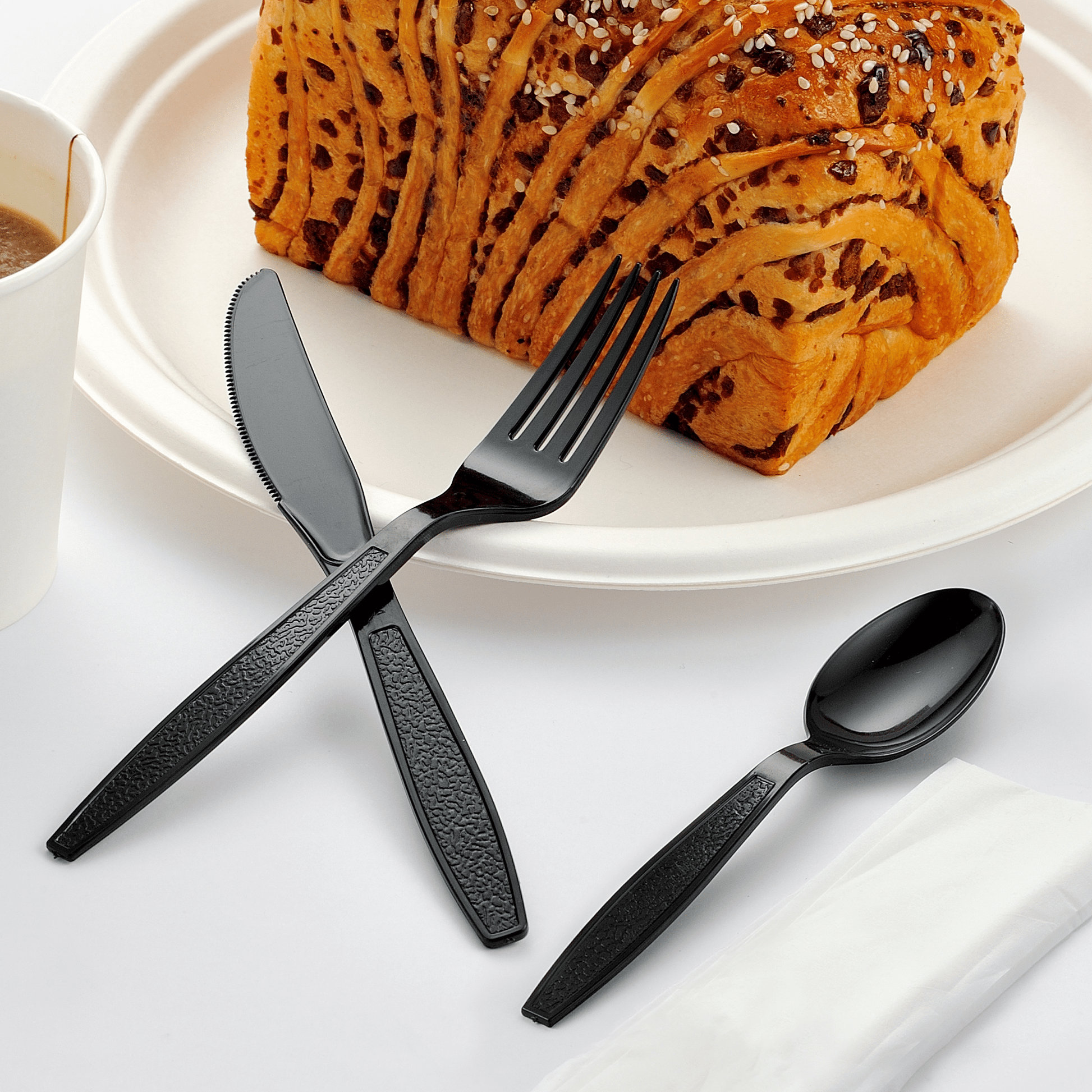 [500ct] PS Plastic Heavy Weight Cutlery Kits (Knife, Fork, Tea Spoon, Napkin) | Black - Biocean by Danube BlueBiocean