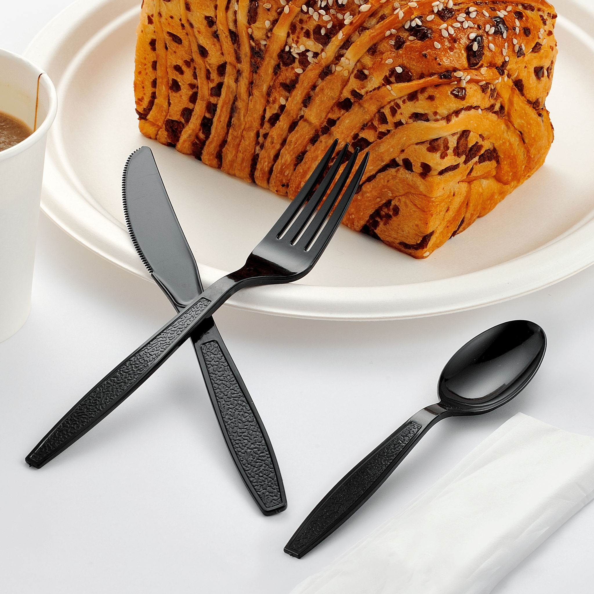 [500ct] PS Plastic Heavy Weight Cutlery Kits (Knife, Fork, Tea Spoon, Napkin) | Black - Biocean by Danube BlueBiocean