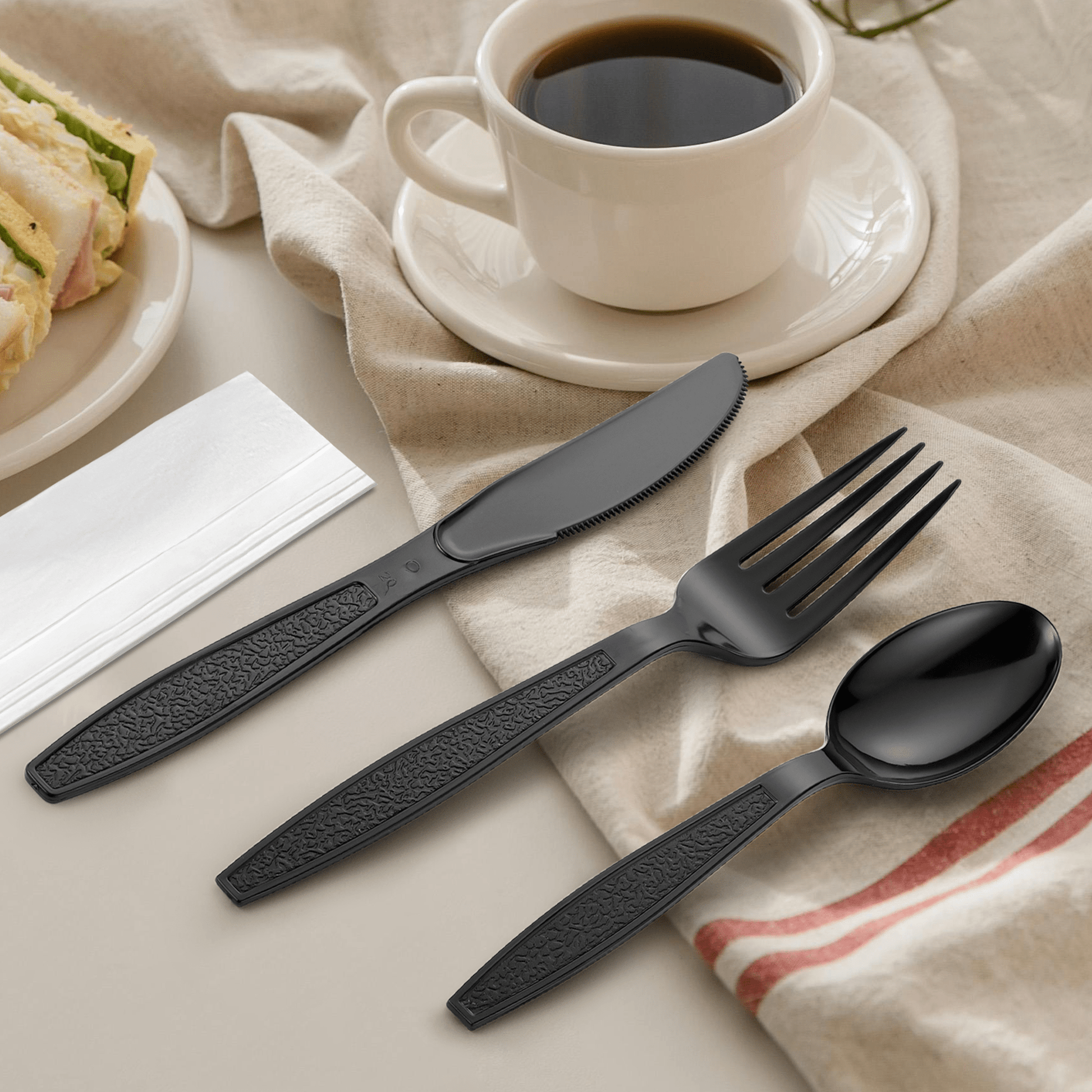 [500ct] PS Plastic Heavy Weight Cutlery Kits (Knife, Fork, Tea Spoon, Napkin) | Black - Biocean by Danube BlueBiocean