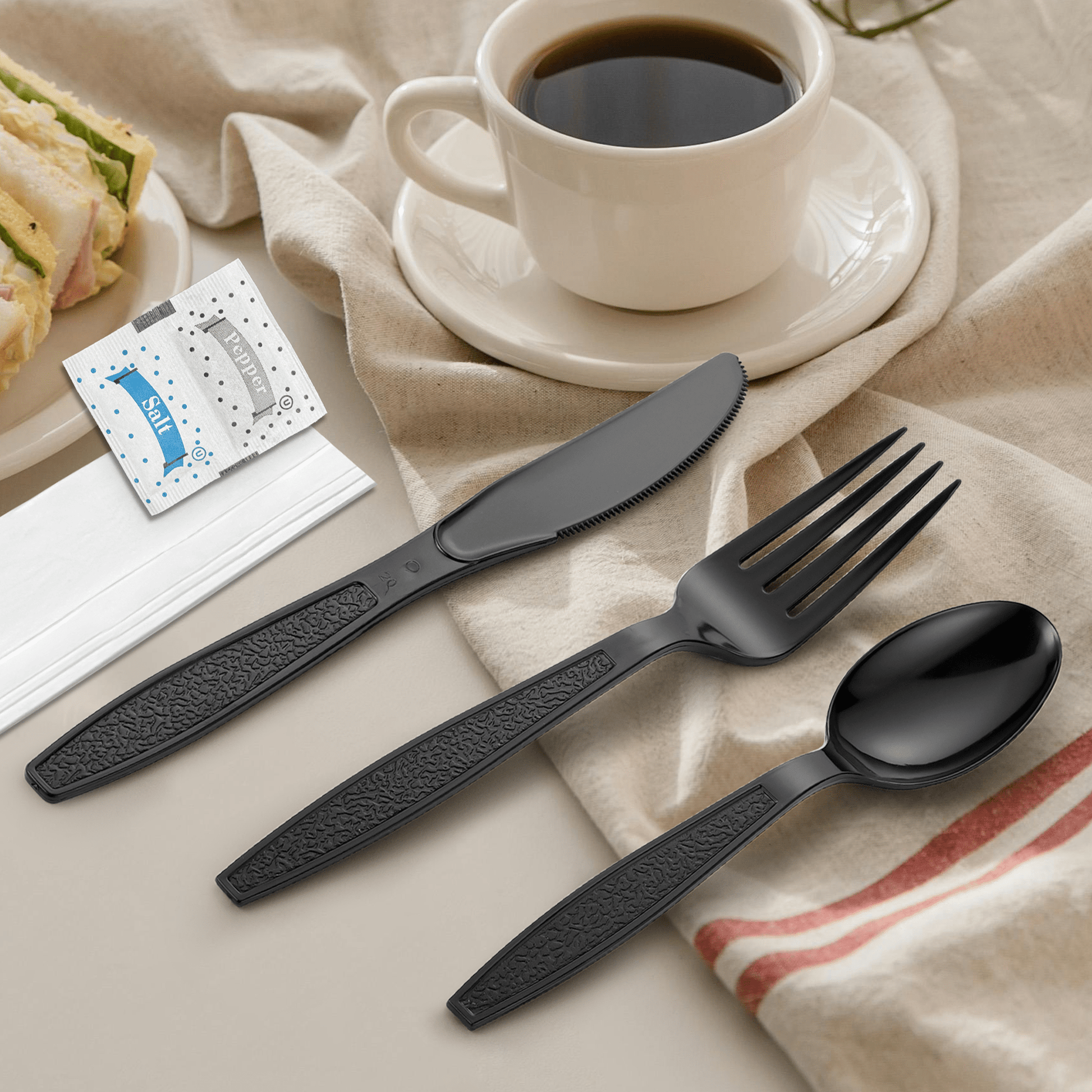 [500ct] PS Plastic Heavy Weight Cutlery Kits with Salt and Pepper | Black - Biocean by Danube BlueBiocean